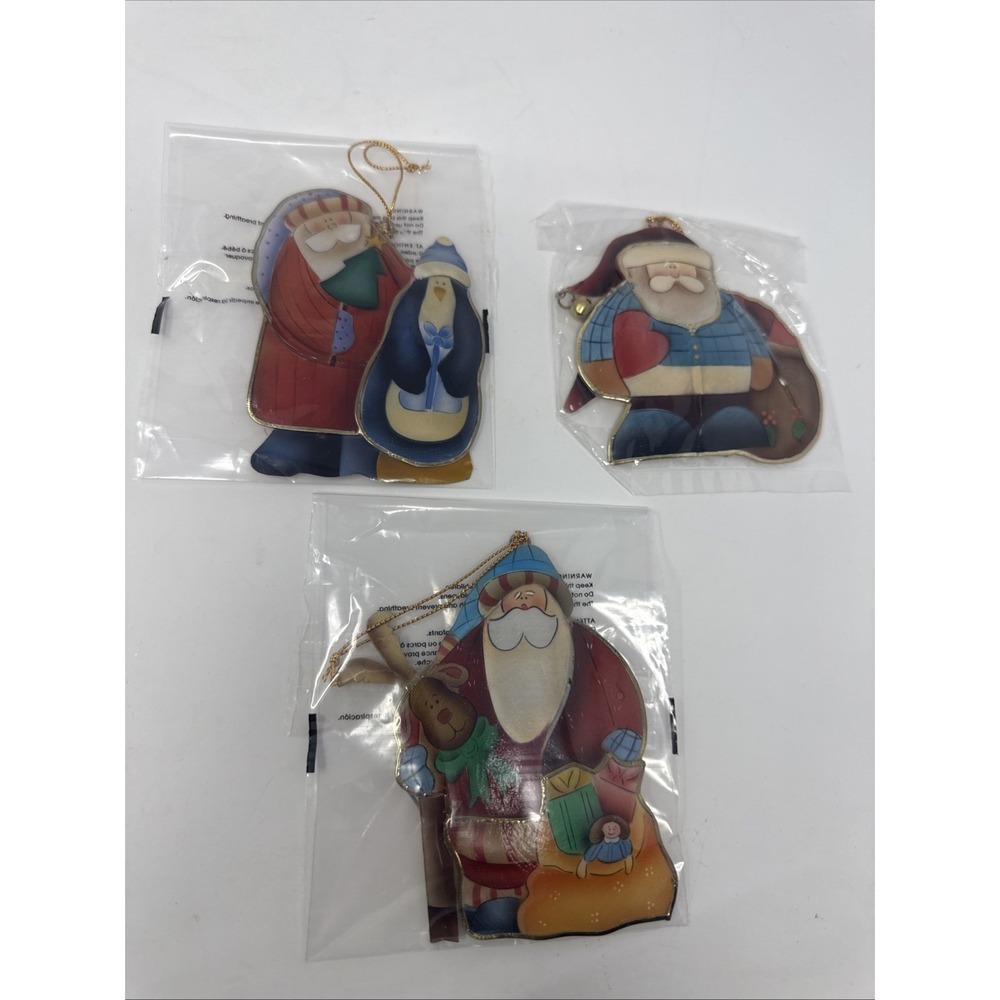 3 Vintage Crazy Mountain Santa Christmas Ornaments Flat Painted